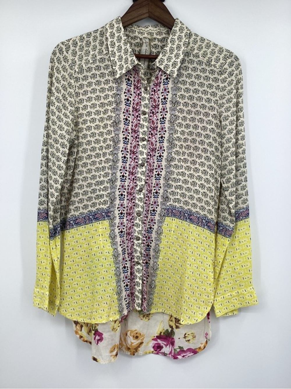 Aratta Floral Bird Embroidered Button-Up Blouse in Cream, Yellow & Pink